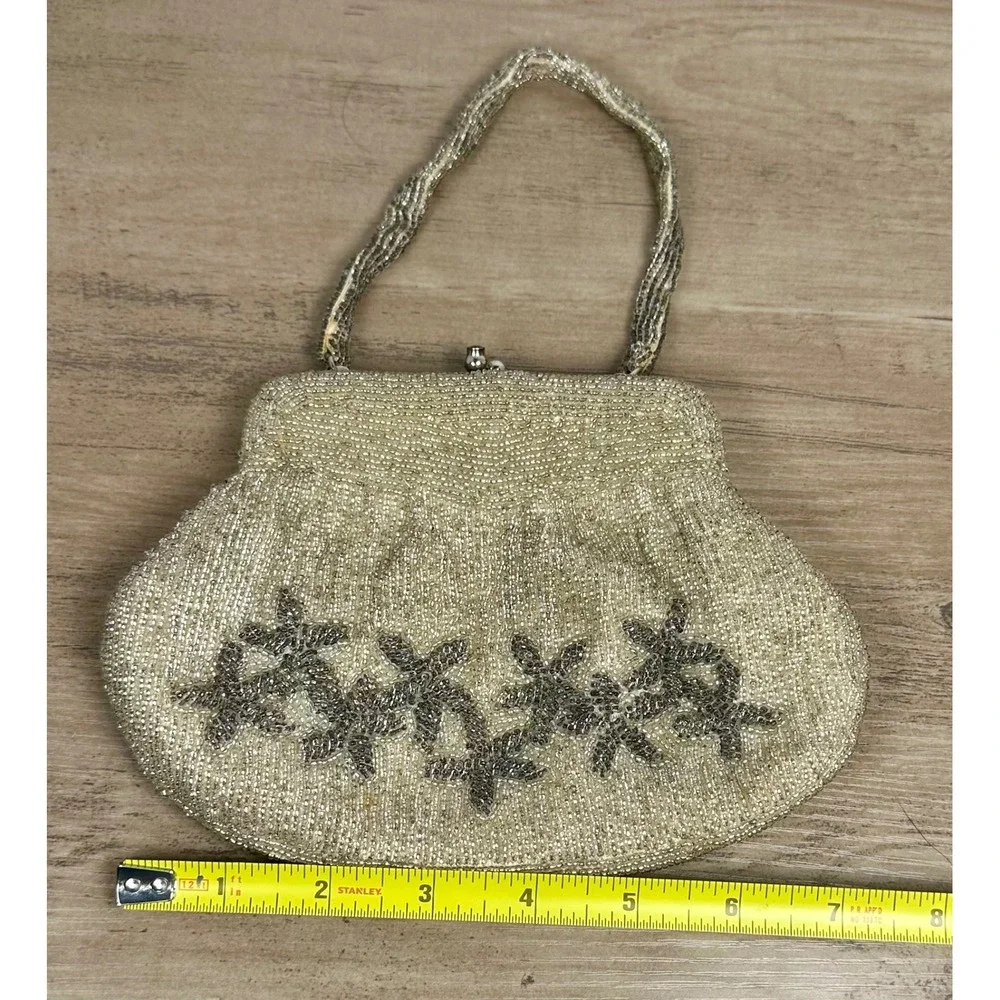 Vivant Sarne‎ Vintage Beaded Evening Wedding Bag Cream Grey Floral Made in Japan